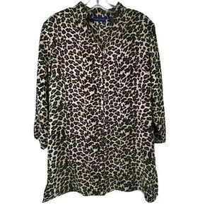 Karen Scott Women's M Leopard Print Button-Down Tunic Brown Casual
